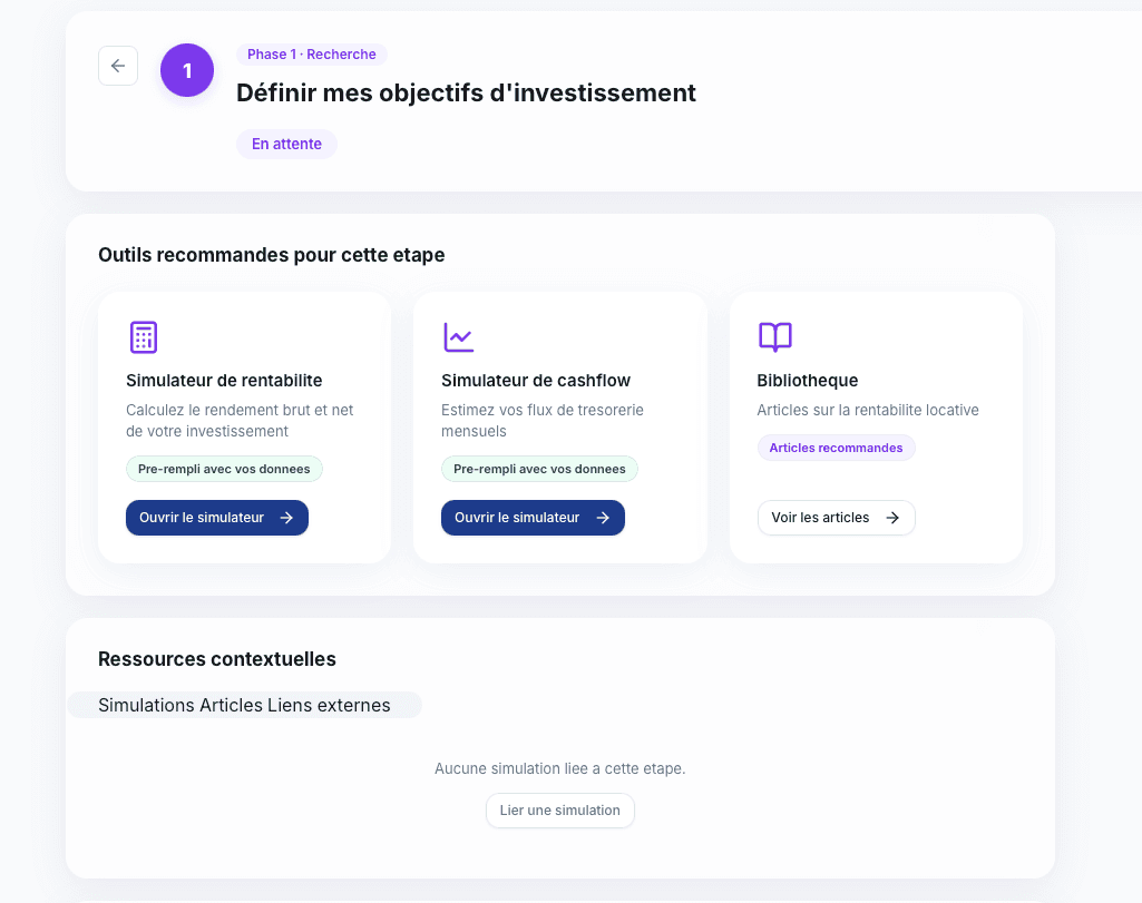 Détail d'une étape avec outils recommandés et ressources contextuelles
