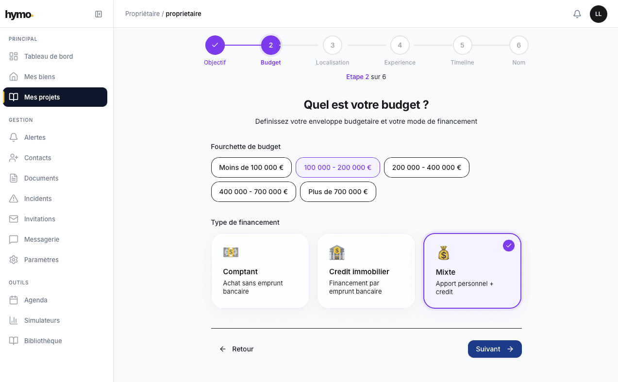 Wizard de création de projet - budget et type de financement